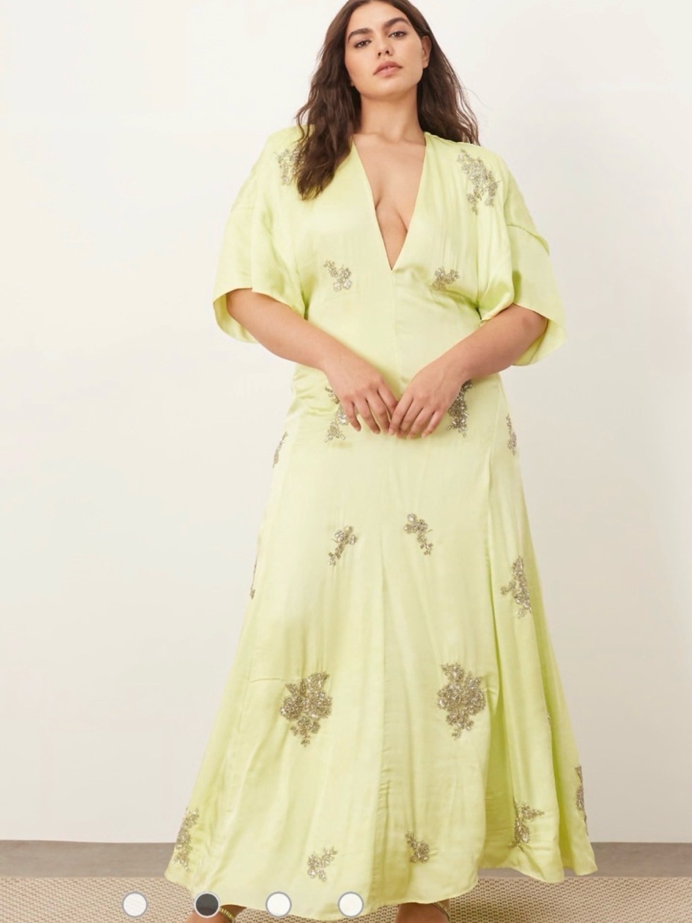 Plunge-Neck Lime Maxi Dress with Metallic Embellishments